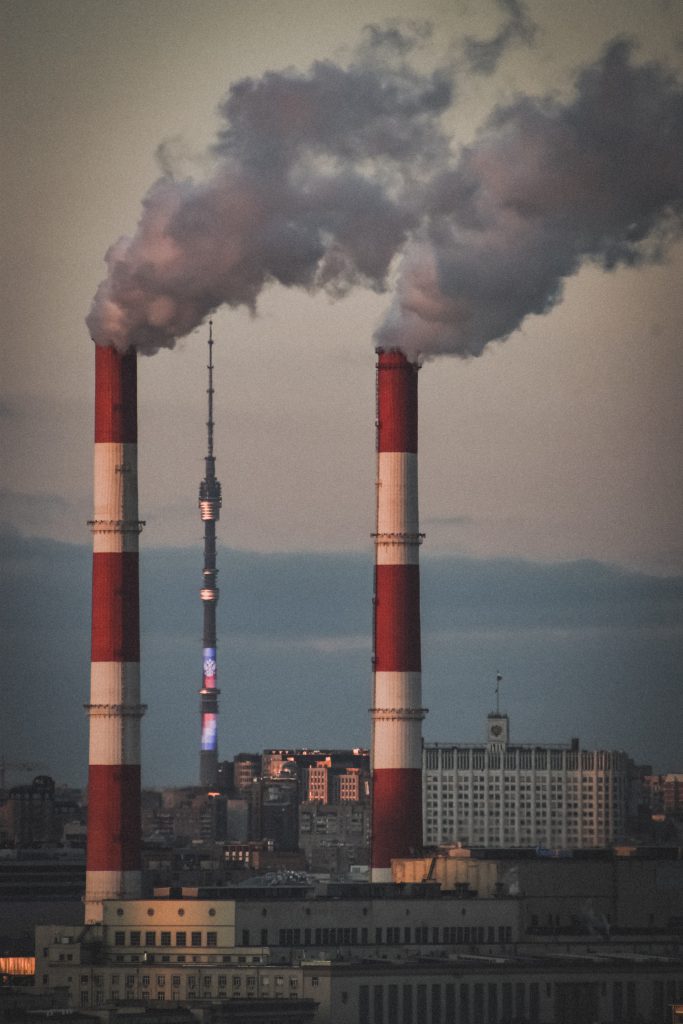 Smoke from chimneys in city