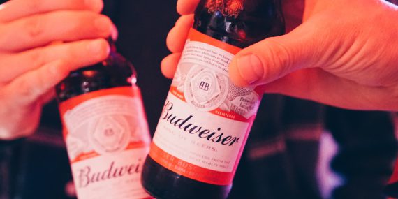 two persons holding white Budweiser bottles
