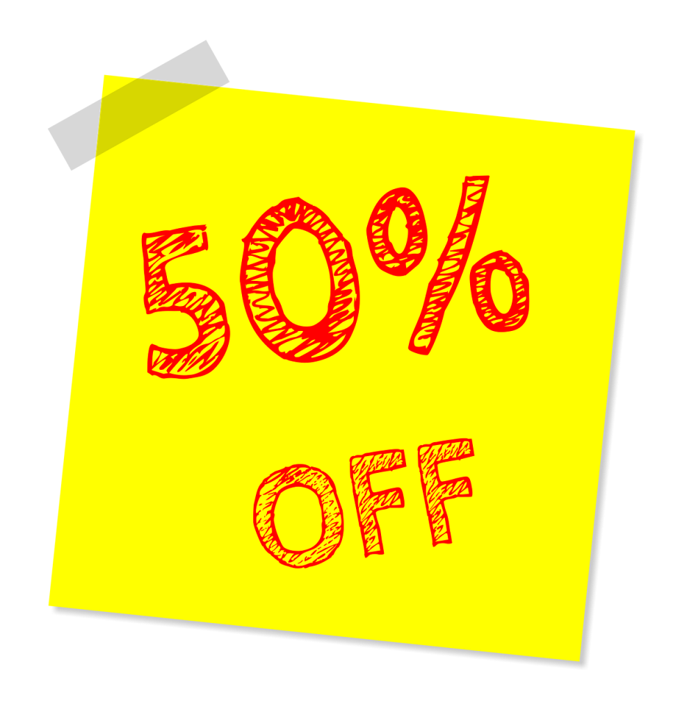 fifty percent off, discount, sale
