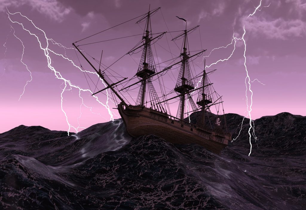 ship, thunderstorm, sea