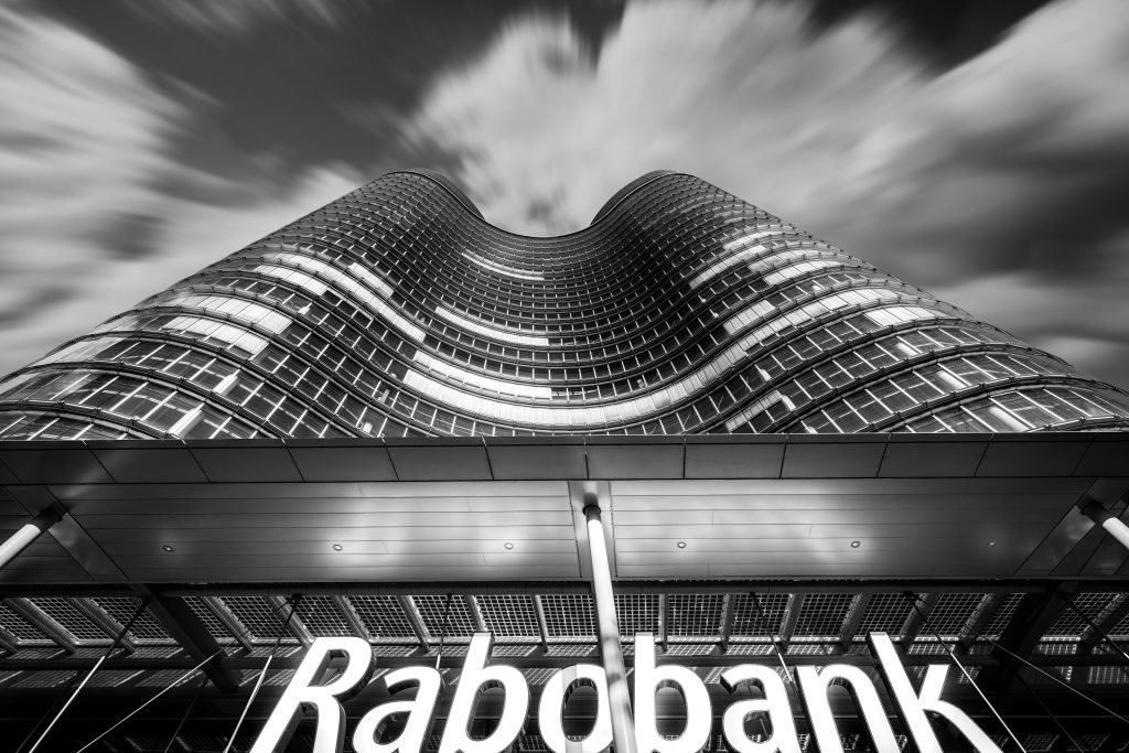 The Rabobank building in Utrecht in black and white with clouds