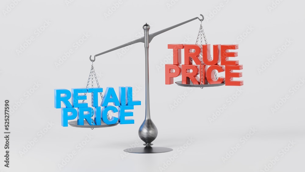 True pricing versus Retail pricing on a balance scale. To indicate the price difference between true and real prices on an isolated background. 3D rendering text