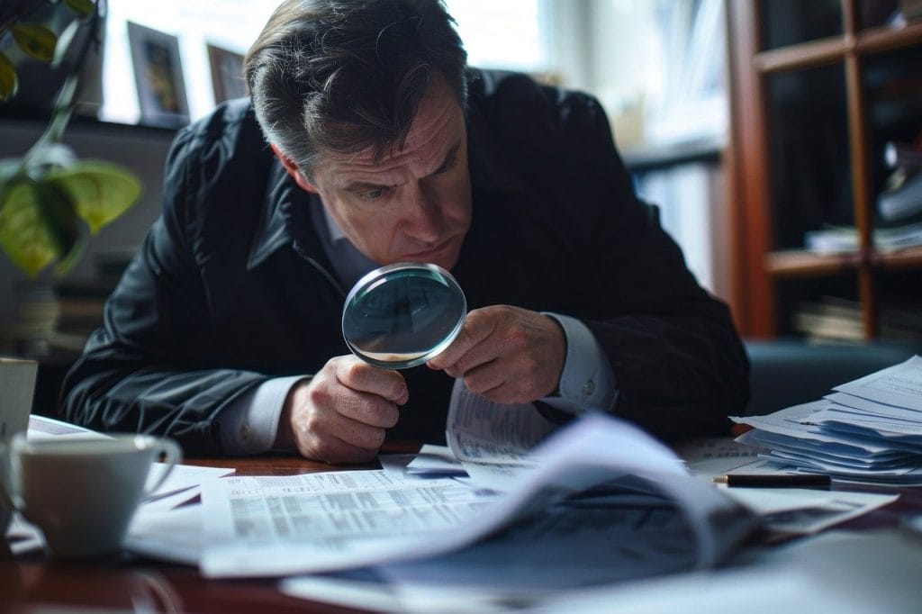 detective, magnifying glass, business man