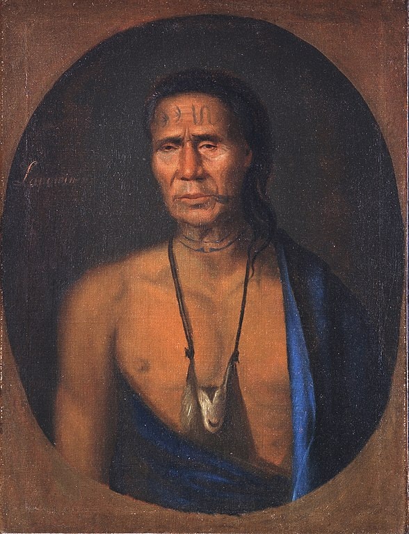 In 1735, Swedish painter Gustavus Hesselius, who lived in Philadelphia, painted this portrait of Lenape chief Lapowinsa, showing his facial painting. A signer of the infamous 1735 Walking Treaty, Lapowinsa and other Lenape chiefs would spend the next twenty years trying unsuccessfully to have the treaty voided.