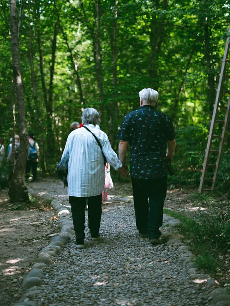 Elderly couple enjoying a peaceful walk in the forest, showcasing companionship and nature.
